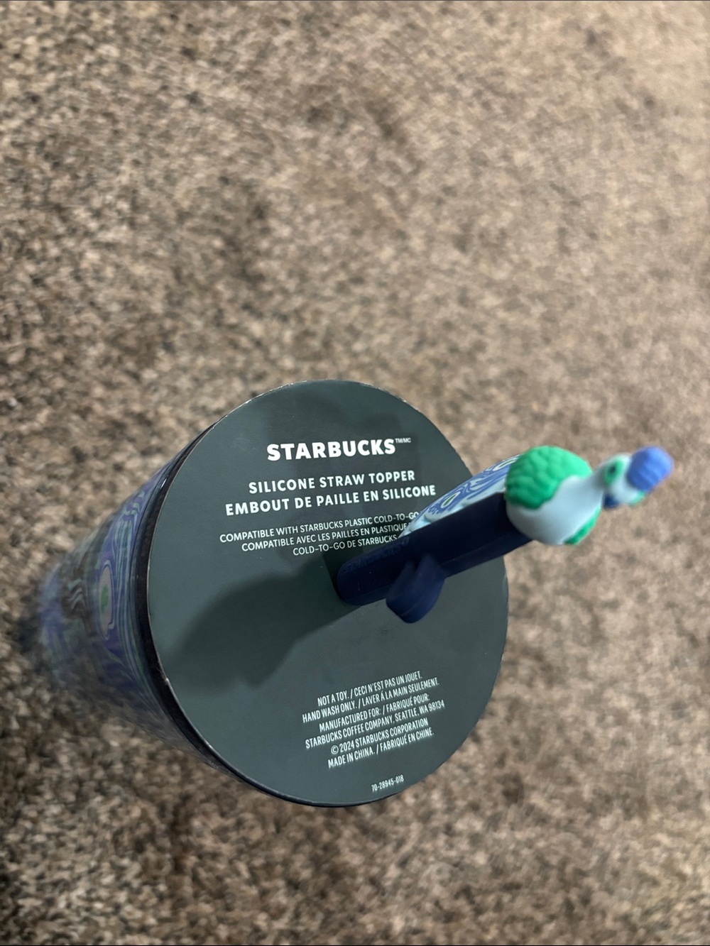 Starbucks Silicone Straw Topper — Green & Blue peacock Design brand new